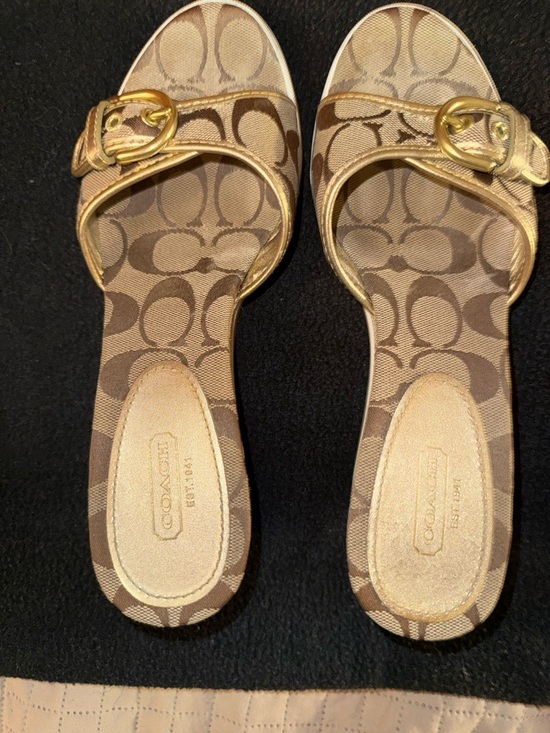 Coach Shoes - Coach Signature Jacquard Slide Sandals in Brown with Gold Buckles